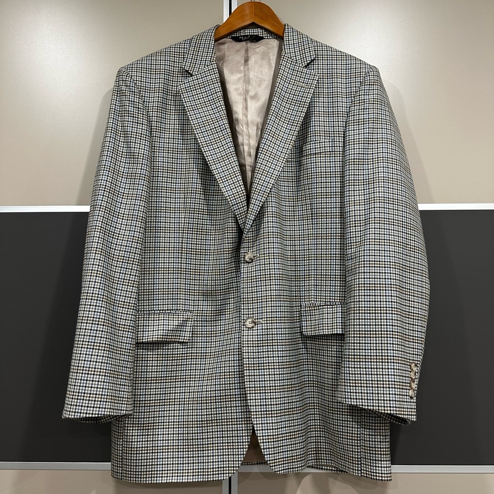 Jos A Bank Mens 42L Gordon Blazer Sport Coat Silk Wool Beige Brown Houndstooth